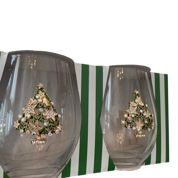 (2) Stemless Wine Glasses Jeweled Christmas Tree Green & Gold Holiday Glam NEW - Picture 14 of 16